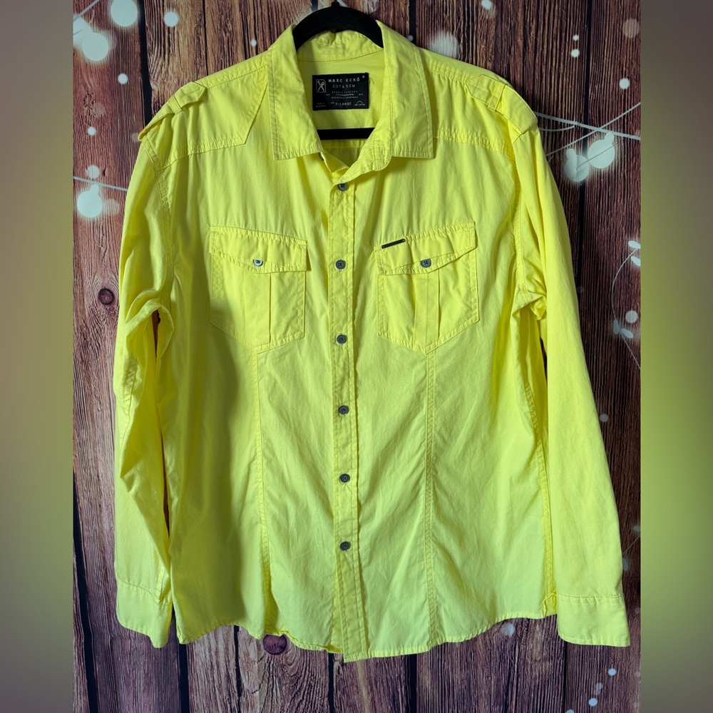 Marc Ecko Cut & Sew Neon Yellow Military Style Long Sleeve Button Up Shirt XL